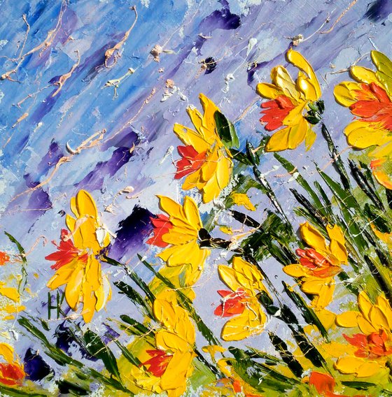 Daffodil Painting Floral Original Art Flowers Oil Impasto Pallete Knife Artwork Small Home Wall Art 8 by 8" by Halyna Kirichenko