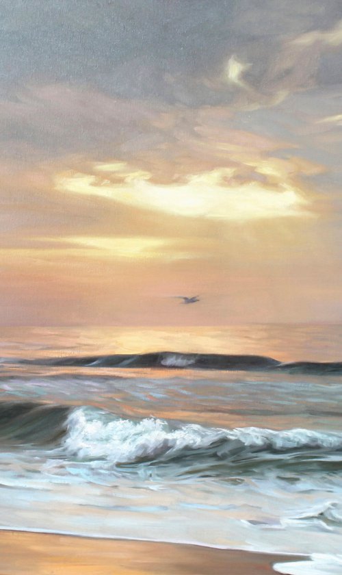 "Seaside 3" Blue orange seascape oil art by Mary Ameur