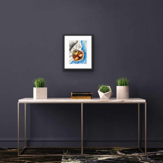 Still life with Persimmon original watercolor 27,5x 37  cm,  art decor, gift idea, decor for kitchen