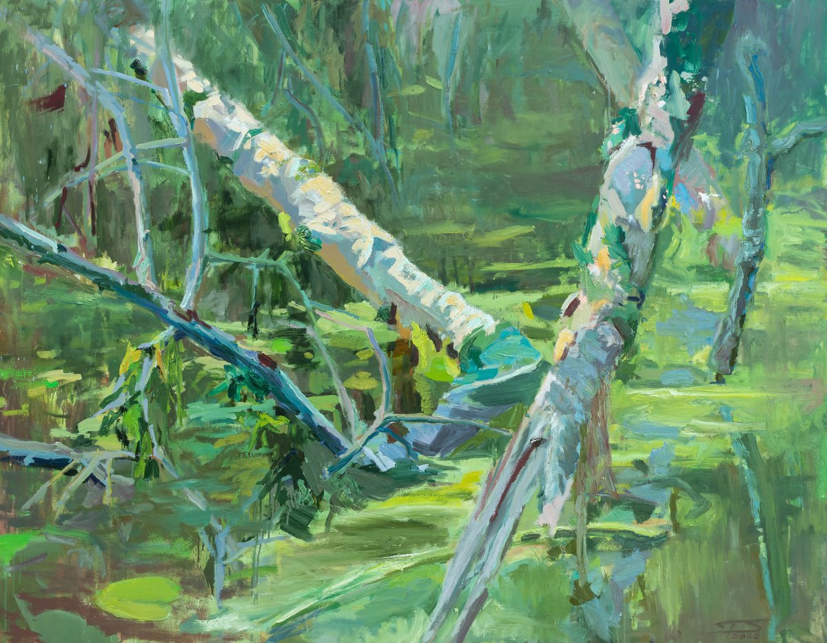 Expressive Landscape Oil Painting By Tomas Stanaitis, 57 X 45", Beloved Swamp, Original Artwork