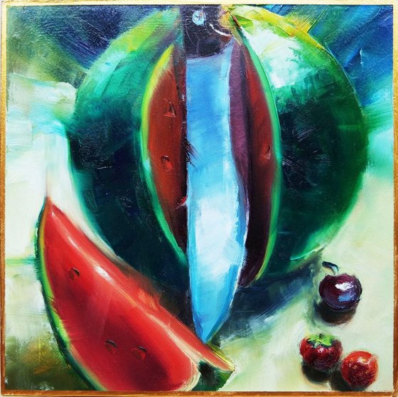 'A PIERCED WATERMELON' - Small Oil Painting on Panel