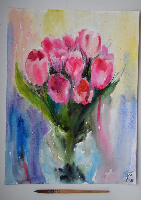 Pink tulips watercolor painting, flower wall art, floral bouquet gift for her