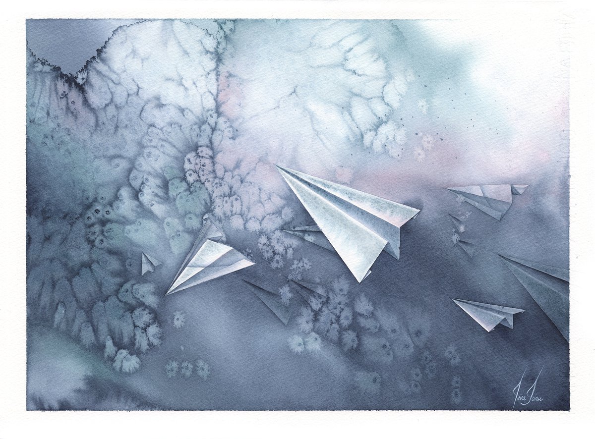 Promises VII - Paper Plane Watercolor by ieva Janu