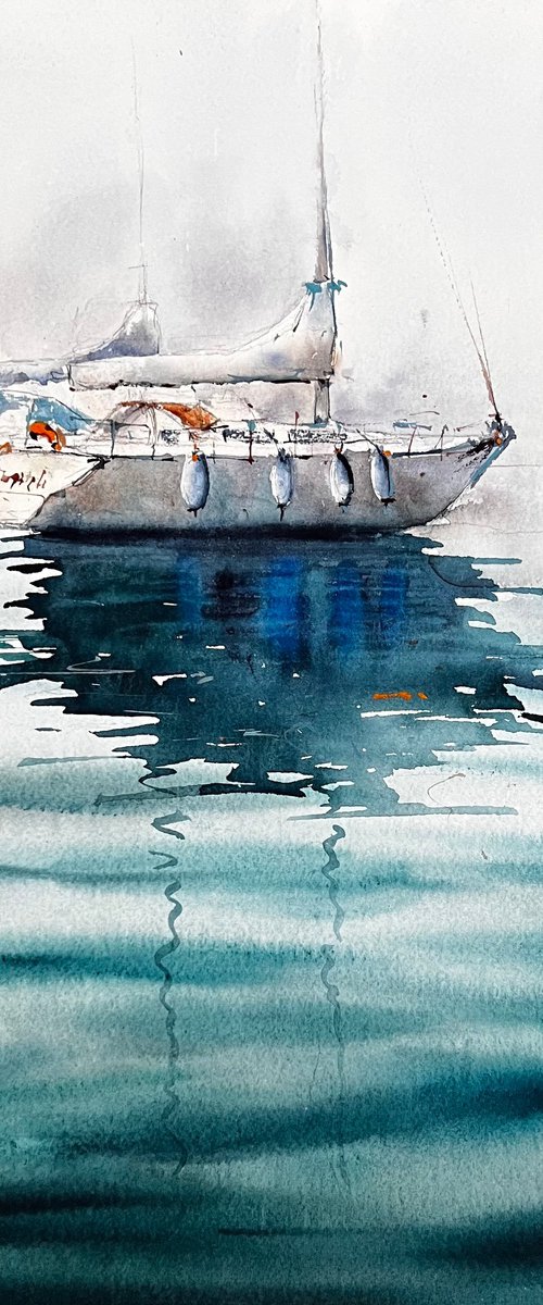 HARBOUR CITYSHAPE /BOATS WATERCOLOR PAINTING, Hoorn YACHTS WATERCOLOR PAINTING by Yana Ivannikova