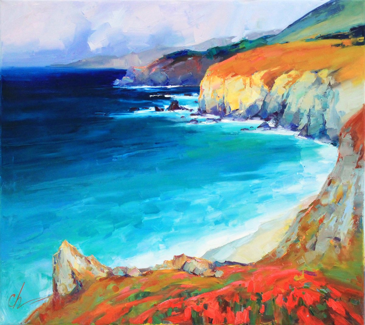 Impressionistic Landscape Oil Painting By Serhii Cherniakovskyi, 31 X 28", Coast Monterey, Original Artwork