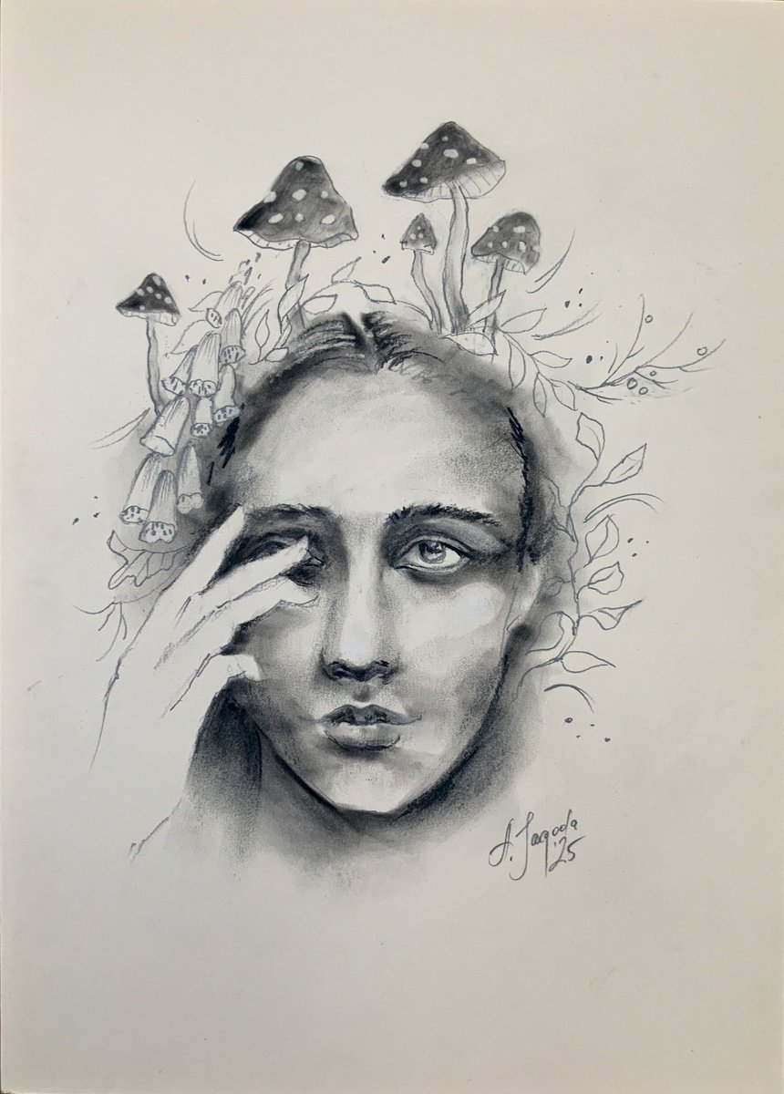 Surrealistic Portrait Charcoal Drawing By Alexandra Jagoda (Ovcharenko), 12 X 17, Growth Within, Original Artwork