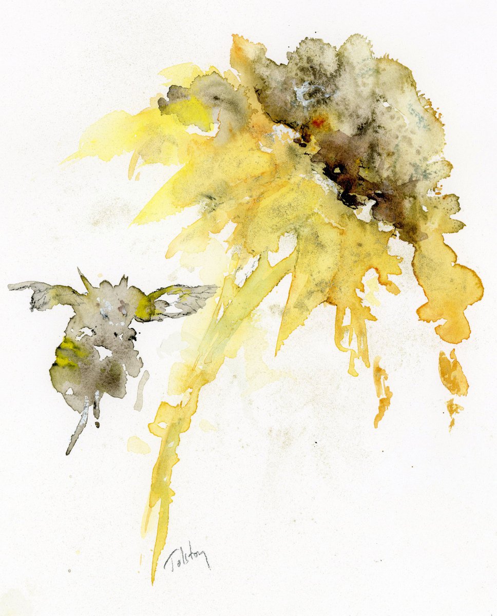 Impressionistic Botanical Watercolour By Alex Tolstoy, 10 X 12, Sunflower And Bee, Original Artwork