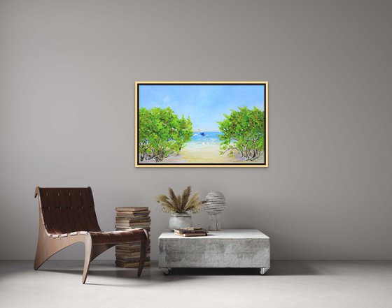 COASTAL PARADISE. SANIBEL ISLAND BEACH. Tropical Island Seascape Painting of Florida Beach and Fishing Boat.