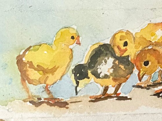Adorable odd chick Original Watercolor Painting matted on handmade paper framed