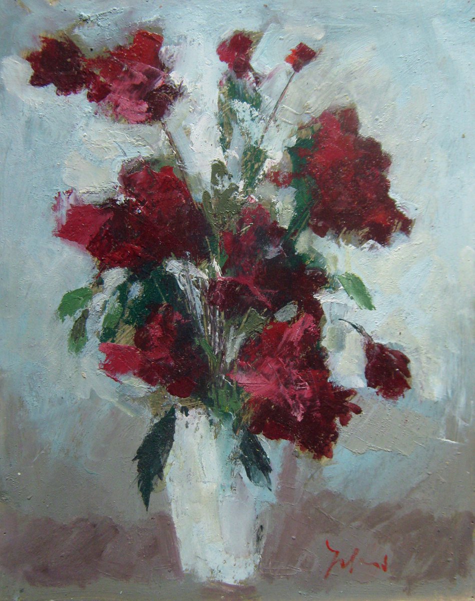 Red roses in a vase KIP-40, Author: Mato Jurkovic, academic painter by Mato Jurkovic