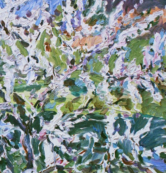 FLOWERING BUSH - original oil on canvas, floral landscape art, blooming tree plant, spring flower, interior decor