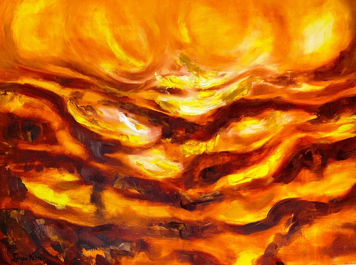 Organic Abstract Oil Painting By Deepa Kern, 46 X 33, Splendour At Dawn, Original Artwork