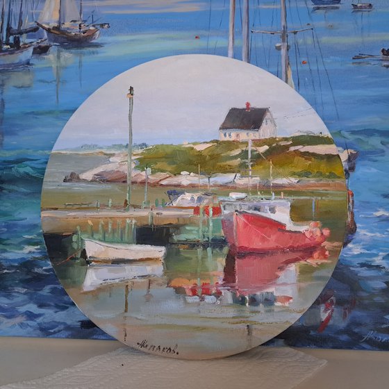 Sun  on the cove , plein air, original, one of a kind, oil on round canvas painting, 13''