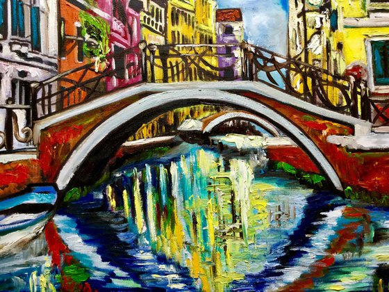 VENICE. Canal bridge. Oil original palette knife painting