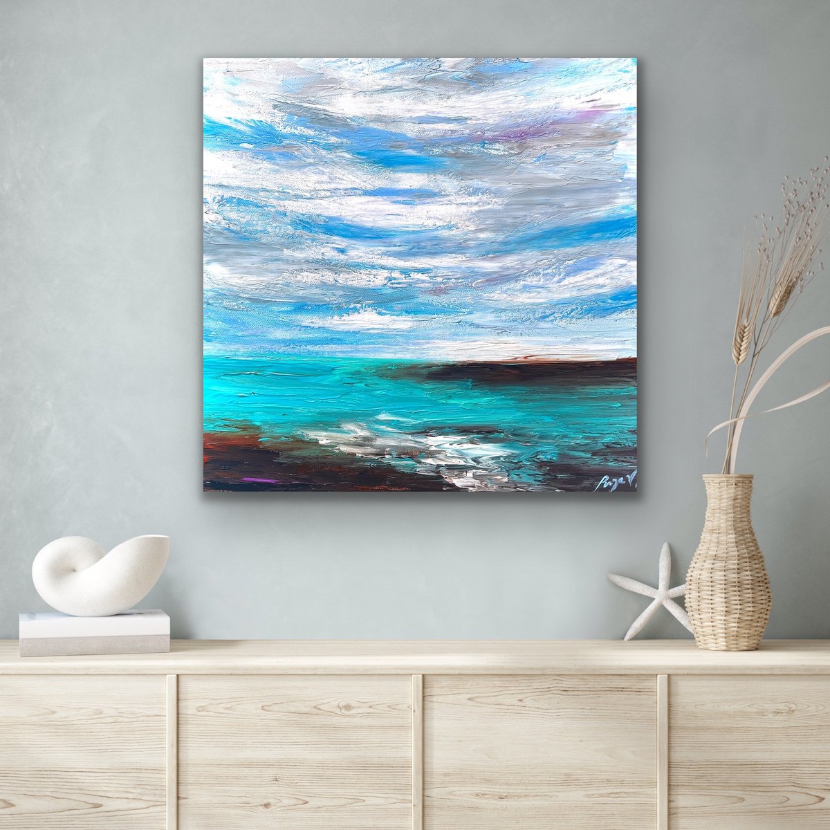 Impressionistic Landscape Acrylic Painting By Pooja Verma, 16 X 16", Seaside Symphony - Blue Landscape, Original Artwork
