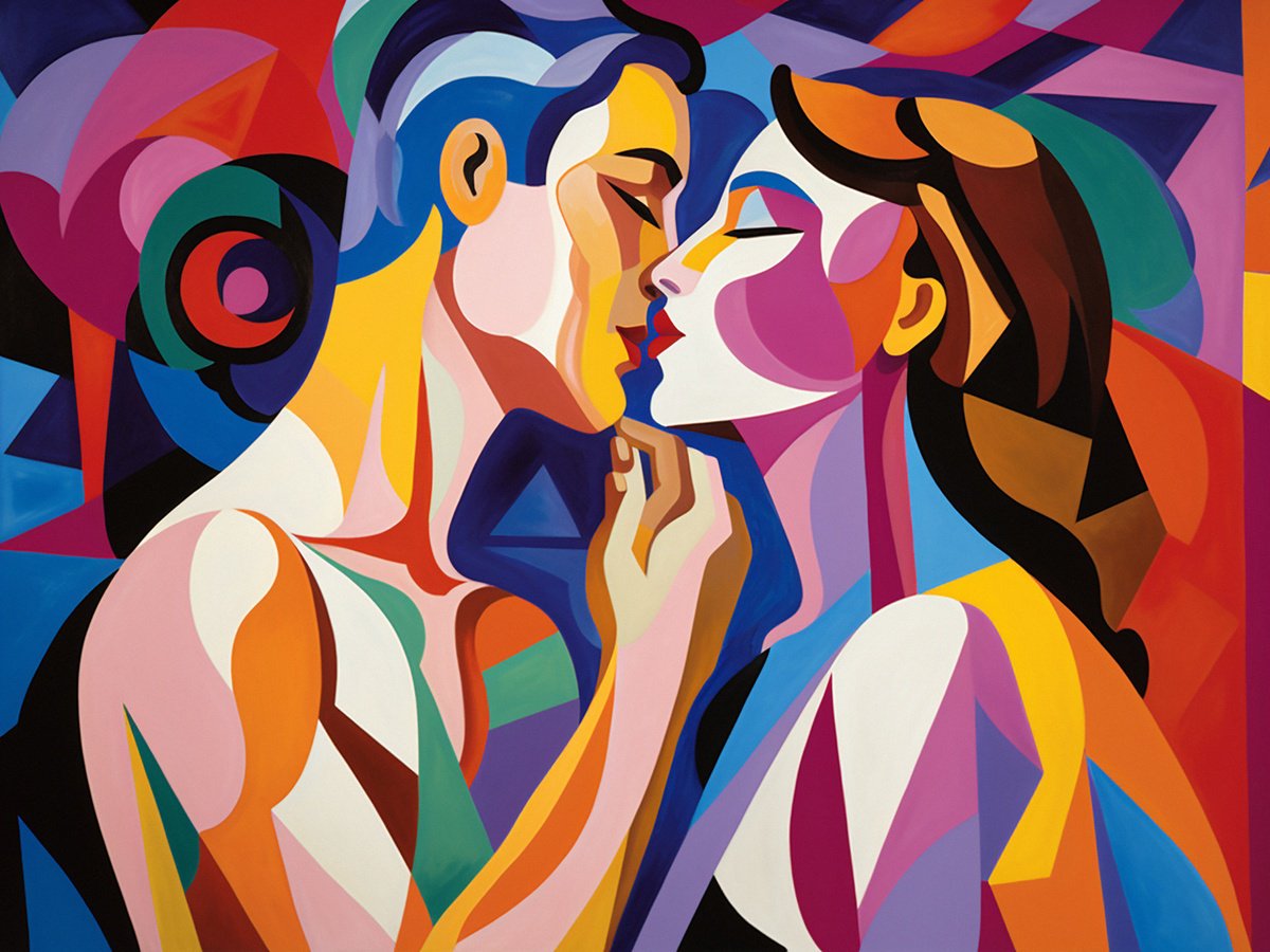 Impressionistic Portrait Acrylic Painting By Kosta Morr, 31 X 24", The Kiss Ii, Original Artwork