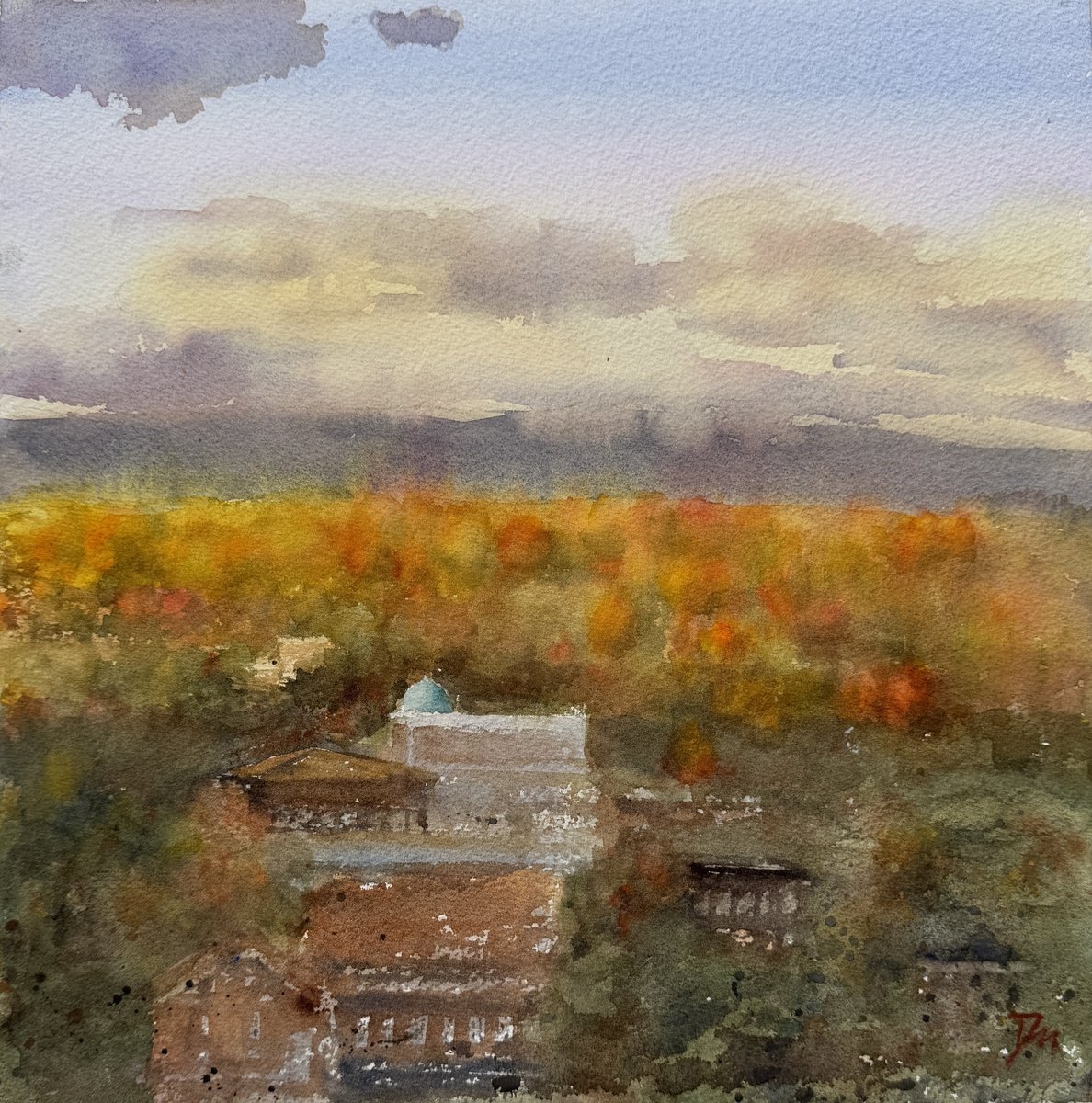 Impressionistic Landscape Watercolour By Shelly Du, 12 X 12", Autumn Sunrise, Original Artwork