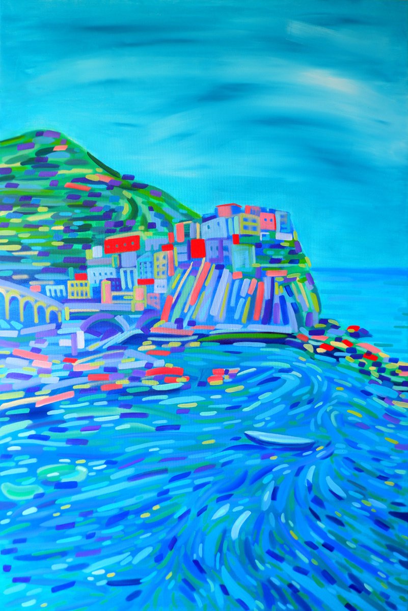 Impressionistic Landscape Oil Painting By Van Lanigh, 31 X 47", Travelling Without Moving: Cinque Terre, Original Artwork
