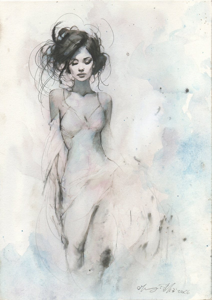 Impressionistic Ink Drawing , Pink Fog In Pastel Blue By Maurizio Puglisi, 8 X 11, Artwork For Sale On Artfinder