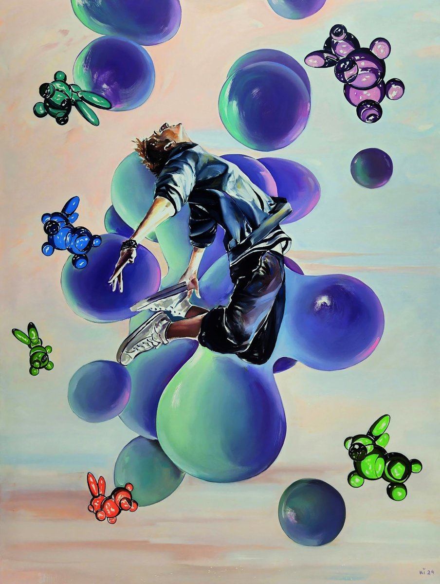 Urban And Pop Oil Painting , Tiktok Man Jumping - Left Part Of The Diptych By Igor Konovalov, 51 X 67, Artwork For Sale On Artfinder