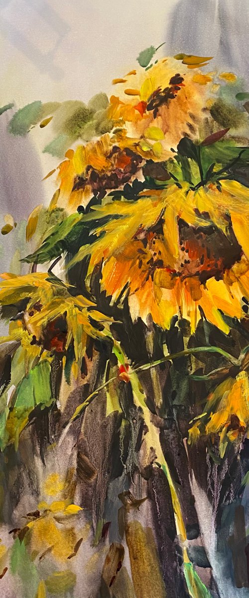 Sold Watercolor “Sun flowers bouquet ", perfect gift by Iulia Carchelan