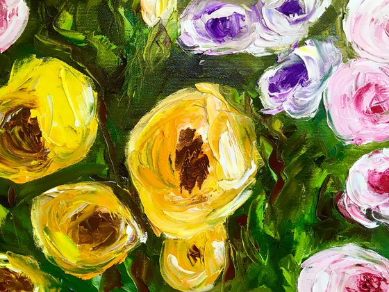 Large size WHITE PINK YELLOW PURPLE  ROSES in a Greenwich rose garden palette  knife modern still life  flowers office home decor gift