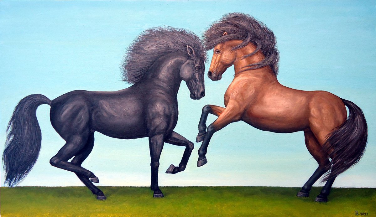 Photorealistic Animal Oil Painting By Grigor Velev, 28 X 17, Windy Stallions, Original Artwork