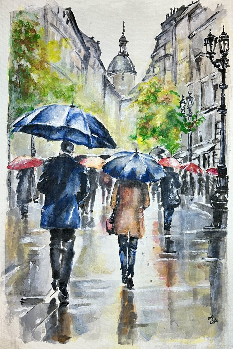Impressionistic Cityscapes Watercolour By Misty Lady - M. Nierobisz, 13 X 19", Rainy Day In Warsaw, Original Artwork