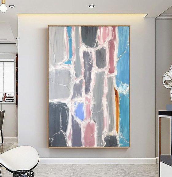 Pink Turquoise White Gray. Large Geometric Abstract Art. GEOMETRIC PULSE