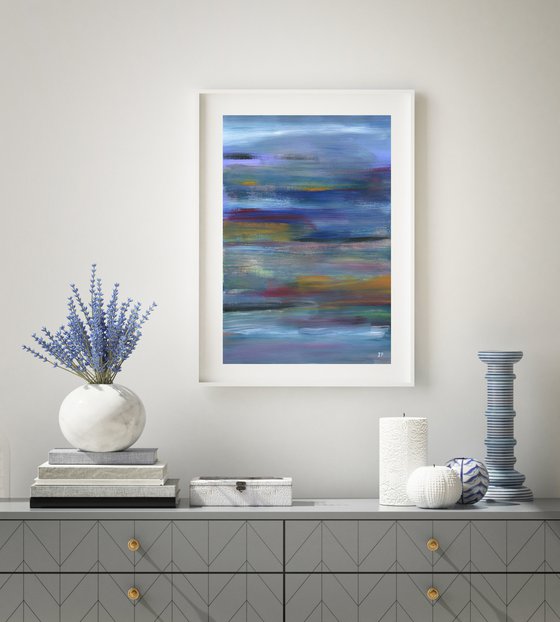 Blue acrylic abstract  painting on paper sea abstraction  with lines medium format gift idea