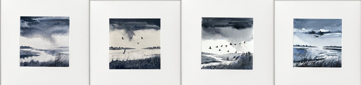 Four Monochrome marsh views by Teresa Tanner