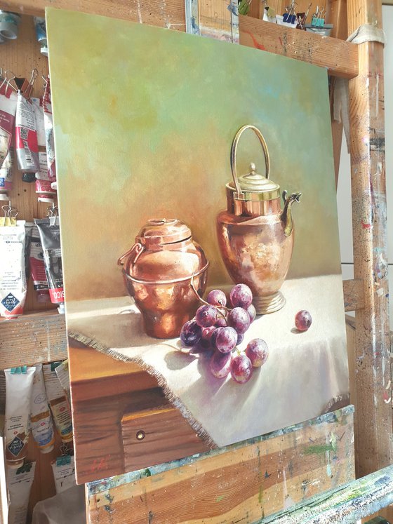 "Still life with grapes and an old exquisite  copper-brass utensil." still life grapes old brass jug summer  liGHt original painting  GIFT (2021)