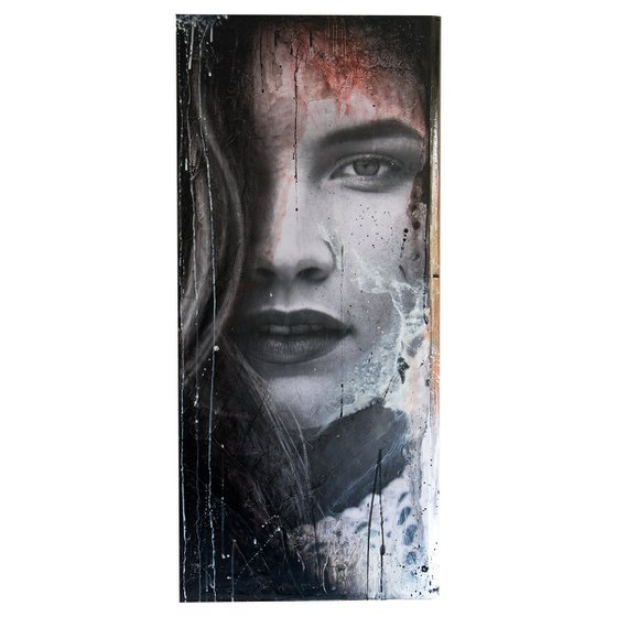 "I'm not Yours" (XL artwork 109x50x8 cm) - Unique portrait artwork on old door (abstract, portrait, original, resin, beeswax, painting)