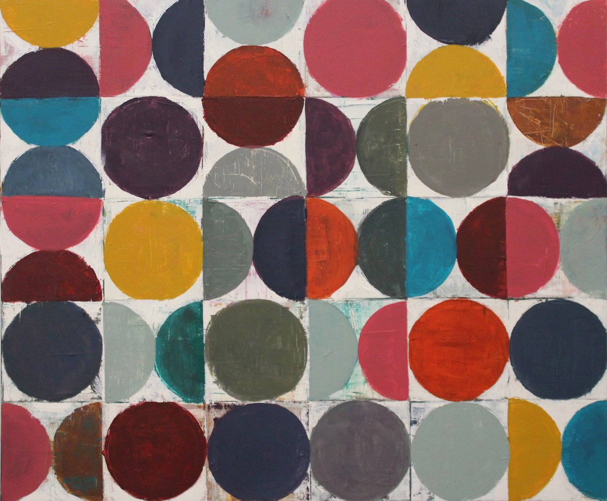 Geometric Abstract Acrylic Painting By Andrew Watt, 47 X 39, Vintage Spheres No 5, Original Artwork