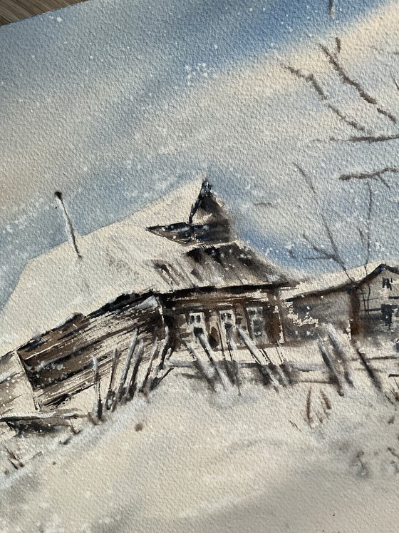 Winter in abandoned village, watercolour
