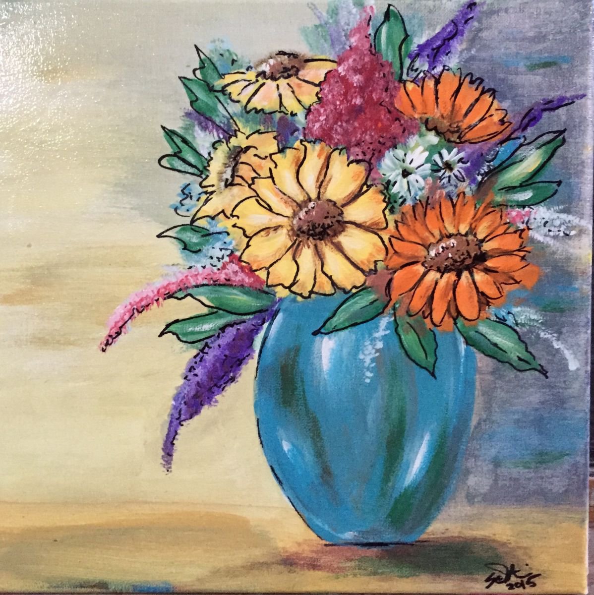 Impressionistic Botanical Acrylic Painting By Carolyn Shoemaker (Soma), 12 X 12, Vibrant Bouquet, Original Artwork