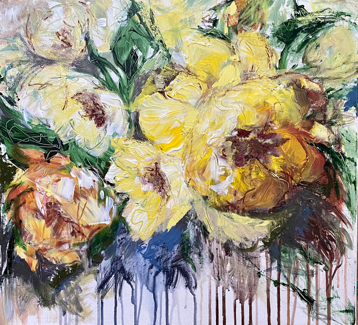 Yellow garden florals original painting on canvas by Oksana Petrova