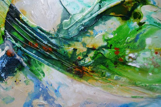 The Natural 240cm x 100cm Green Blue Cream Textured Abstract Art