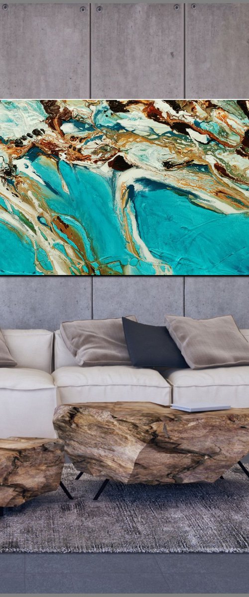 Teal Coast 240cm x 100cm Teal Oxide Textured Abstract Art by Franko