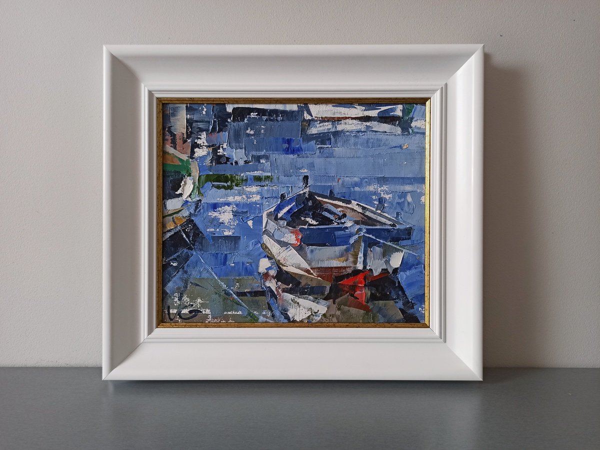 Impressionistic Landscape Oil Painting By Volodymyr Glukhomanyuk, 16 X 14", Series Fishing Boats #4, Original Artwork