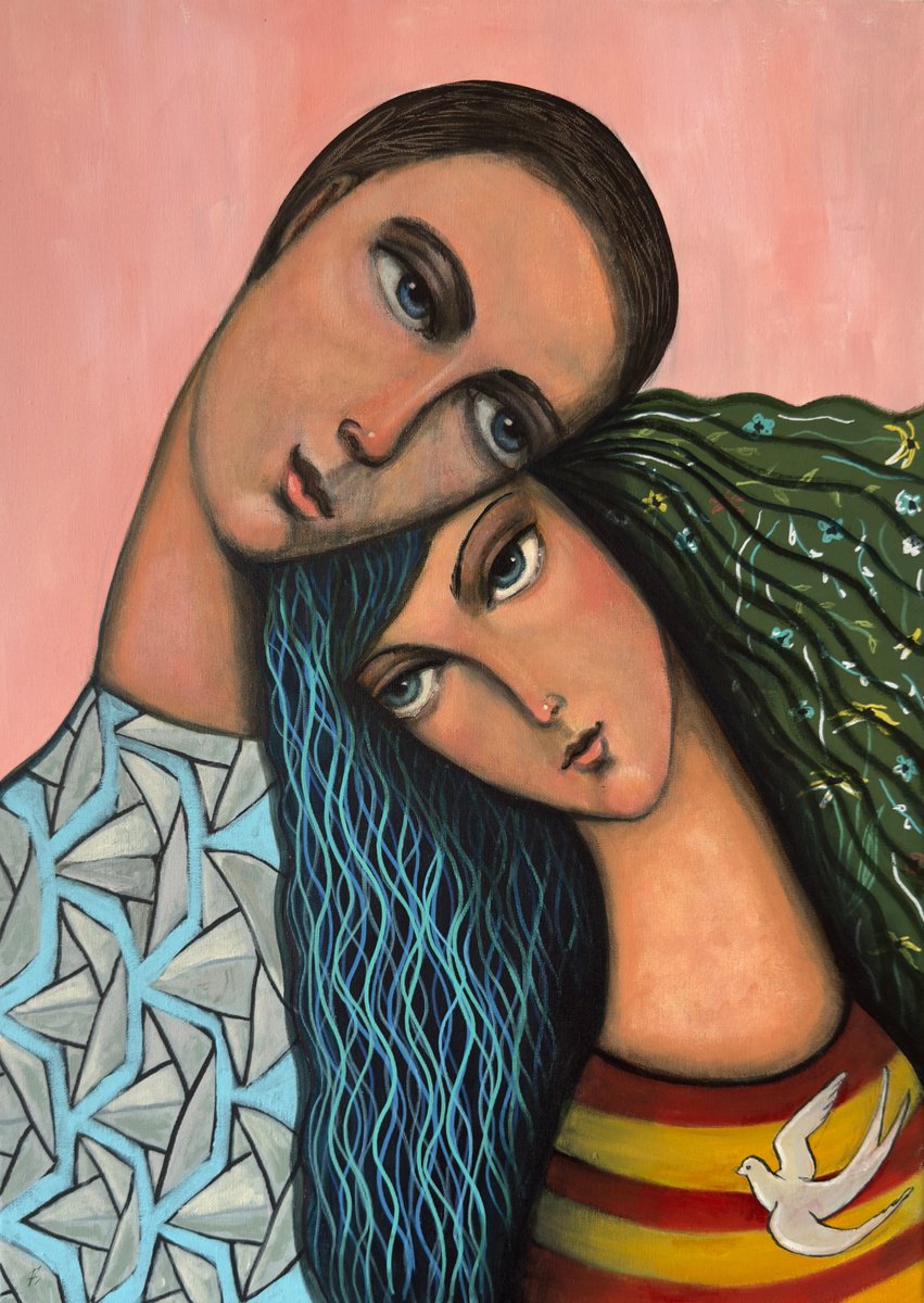 Naive Portrait Acrylic Painting By Nikola Gulev, 20 X 28", "Unity Of Life", Original Artwork