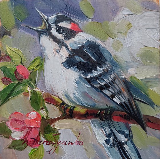 Woodpecker bird on blossom branch, Black white red bird painting oil 4x4 original wall art decor, Art gift housewarming