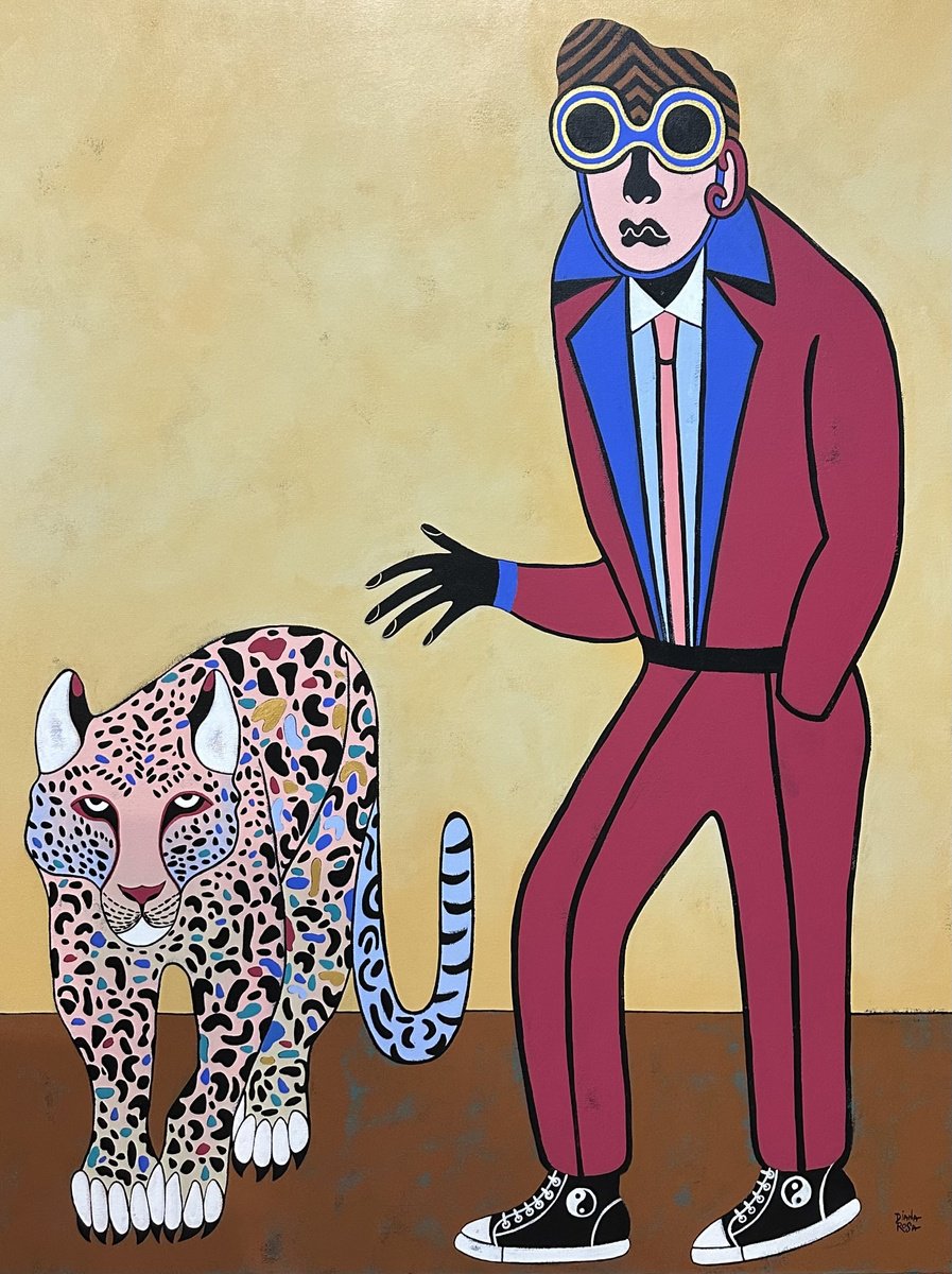 Surrealistic Portrait Acrylic Painting By Diana Rosa, 36 X 48, Wild Panther, Original Artwork