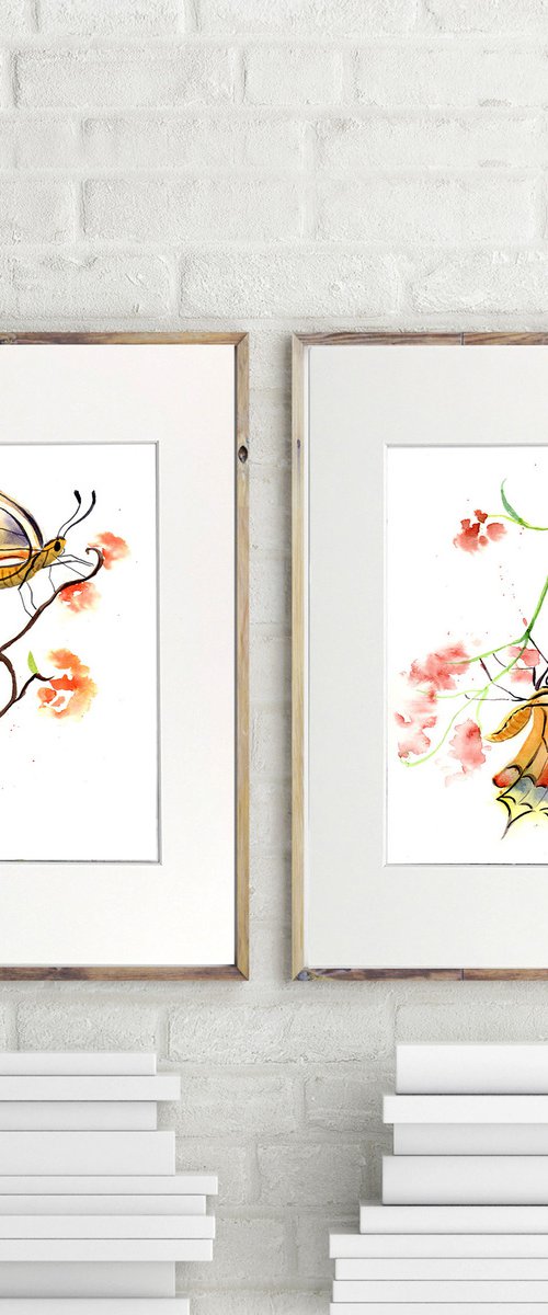 Butterfly and plant -  Set of 2 mounted original watercolor paintings by Olga Tchefranov (Shefranov)