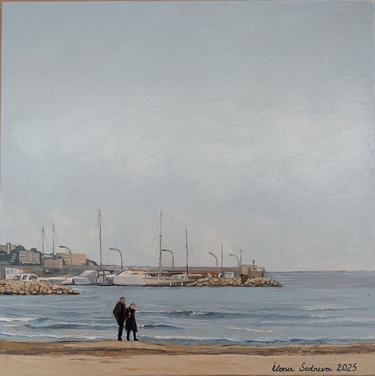 Landscape Oil Painting By Ilona Sedneva, 16 X 16, Winter Walk In Cambrils, Original Artwork