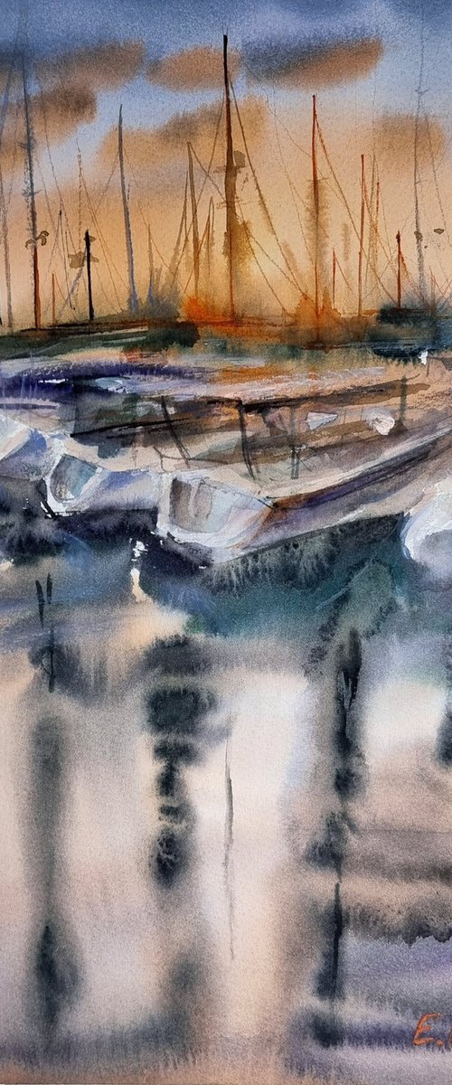 Sailing boats in marina at sunset. Watercolor edition by Elena Genkin