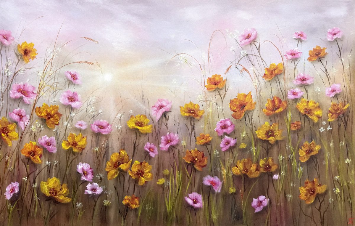 Impressionistic Landscape Oil Painting By Tanja Frost, 43 X 28", Soft Harmony - Floral Symphony Collection, Original Artwork