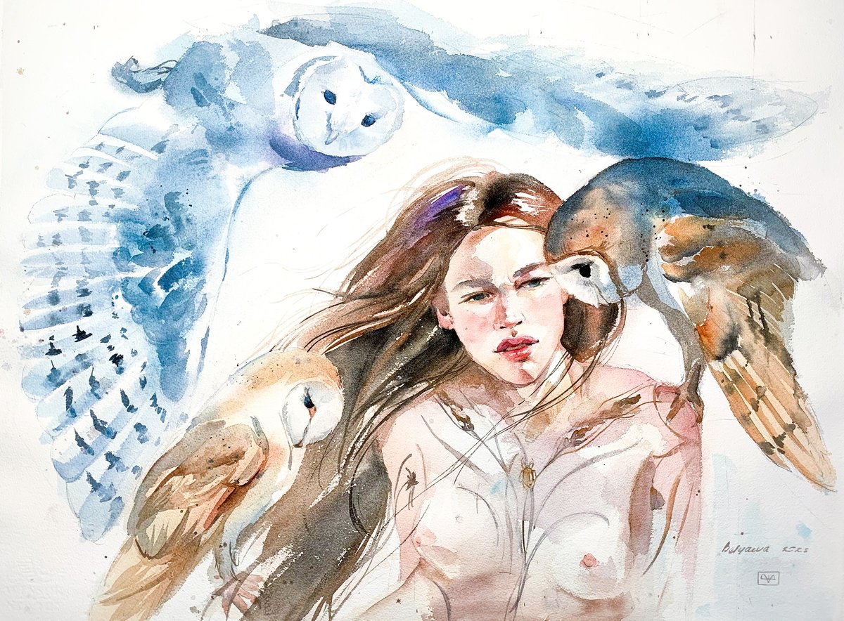 Impressionistic Animal Watercolour By Belyaeva Oleksandra, 30 X 22, Barn Owls, Original Artwork