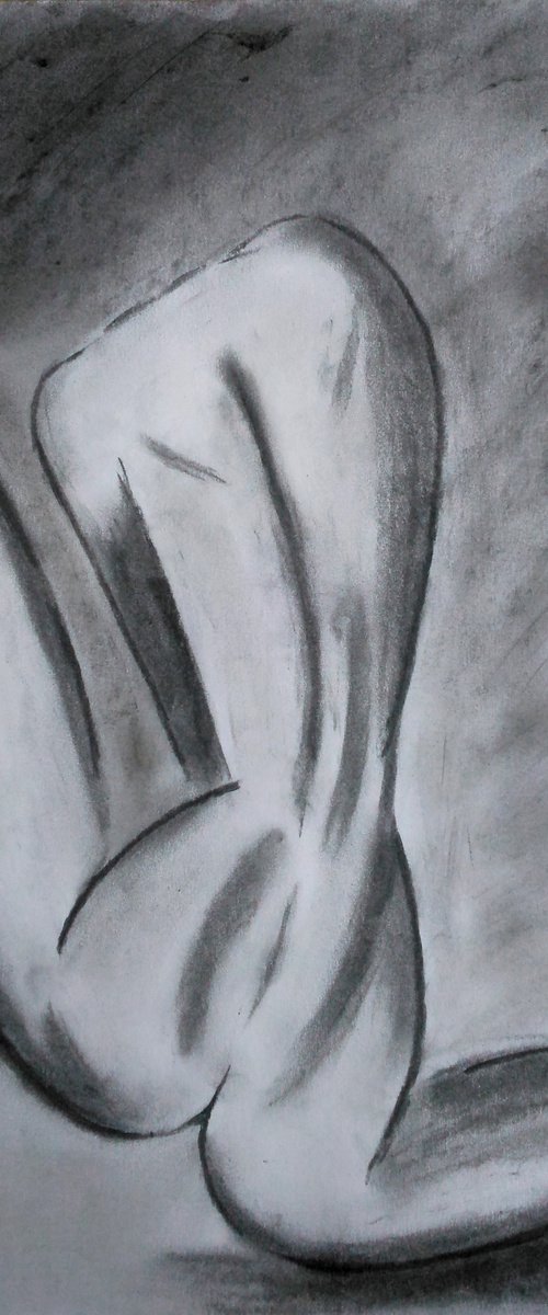 Woman sitting nude charcoal drawing black monochrome sketch by Halyna Kirichenko