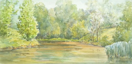 Near the pond. Start of a summer. Green watercolor landscape